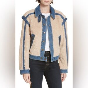 Veronica Beard Potter Cropped Denim-Trim Sherpa Jacket Size Medium